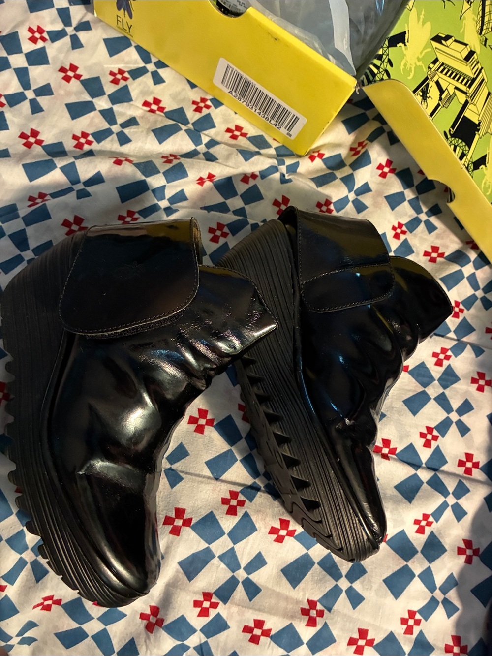 Fly London Black Patent Wedge Ankle Booties with Velcro Flap